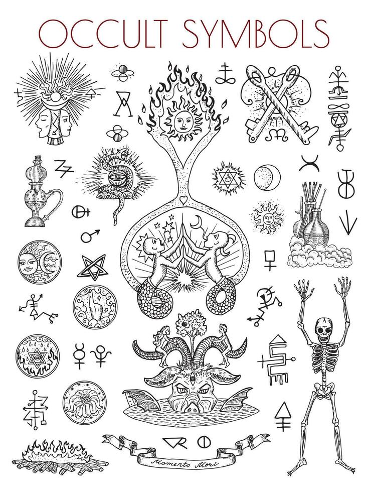 Graphic set with esoteric symbols and illustrations, mystic and tattoo concept vector