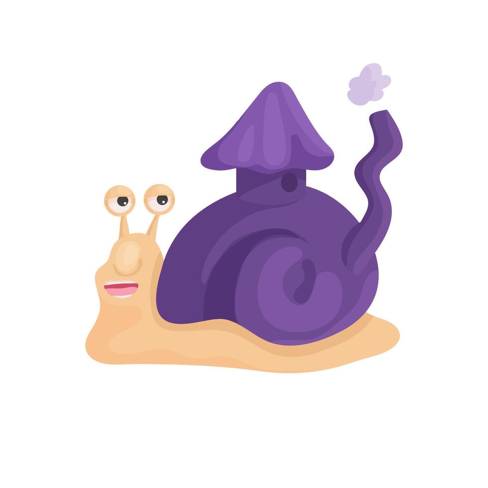 Snail with a purple shell in a cartoon style. The snail looks funny, the shell is shaped like a house with a pipe. For children's books, clothes, postcards vector