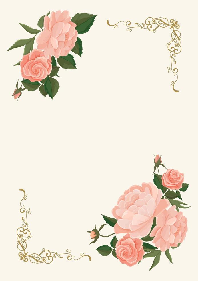 vertical frame large tender pink roses and peonies. Suitable for wedding decor and invitations vector