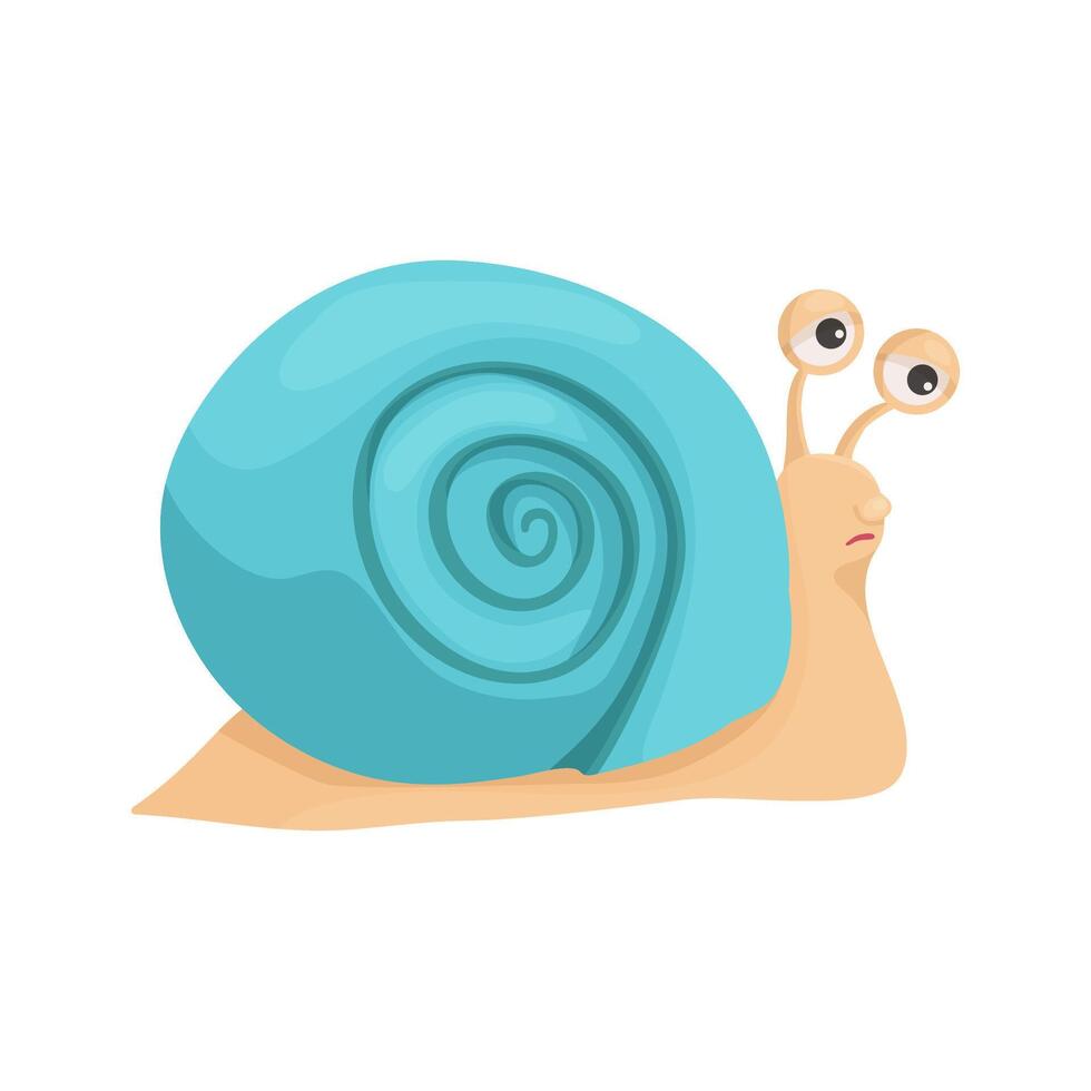 Snail with a blue shell in a cartoon style. The snail looks sad tired, emotion. For children's books, clothes, postcards vector