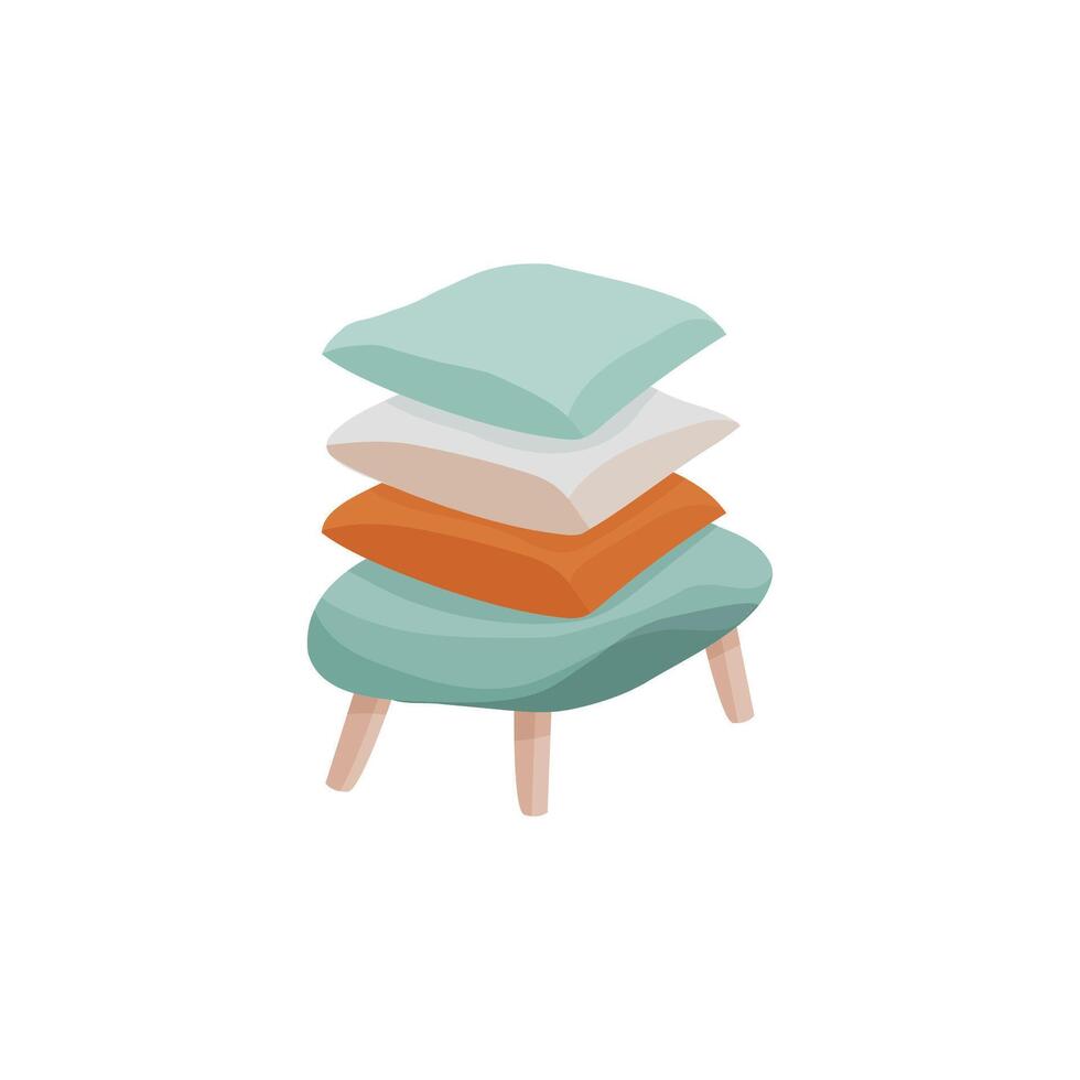 blue sofa side view in cartoon style. Small chair and 3 pillows. Furniture for interior Isolated on a white background. vector