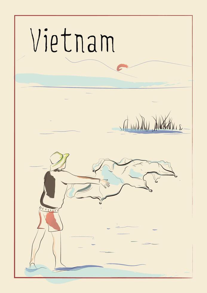 Vietnam. Fisherman throws a net at dawn on a mountain lake Lack Travel poster, banner, postcard or calendar page idea, stationery print vector