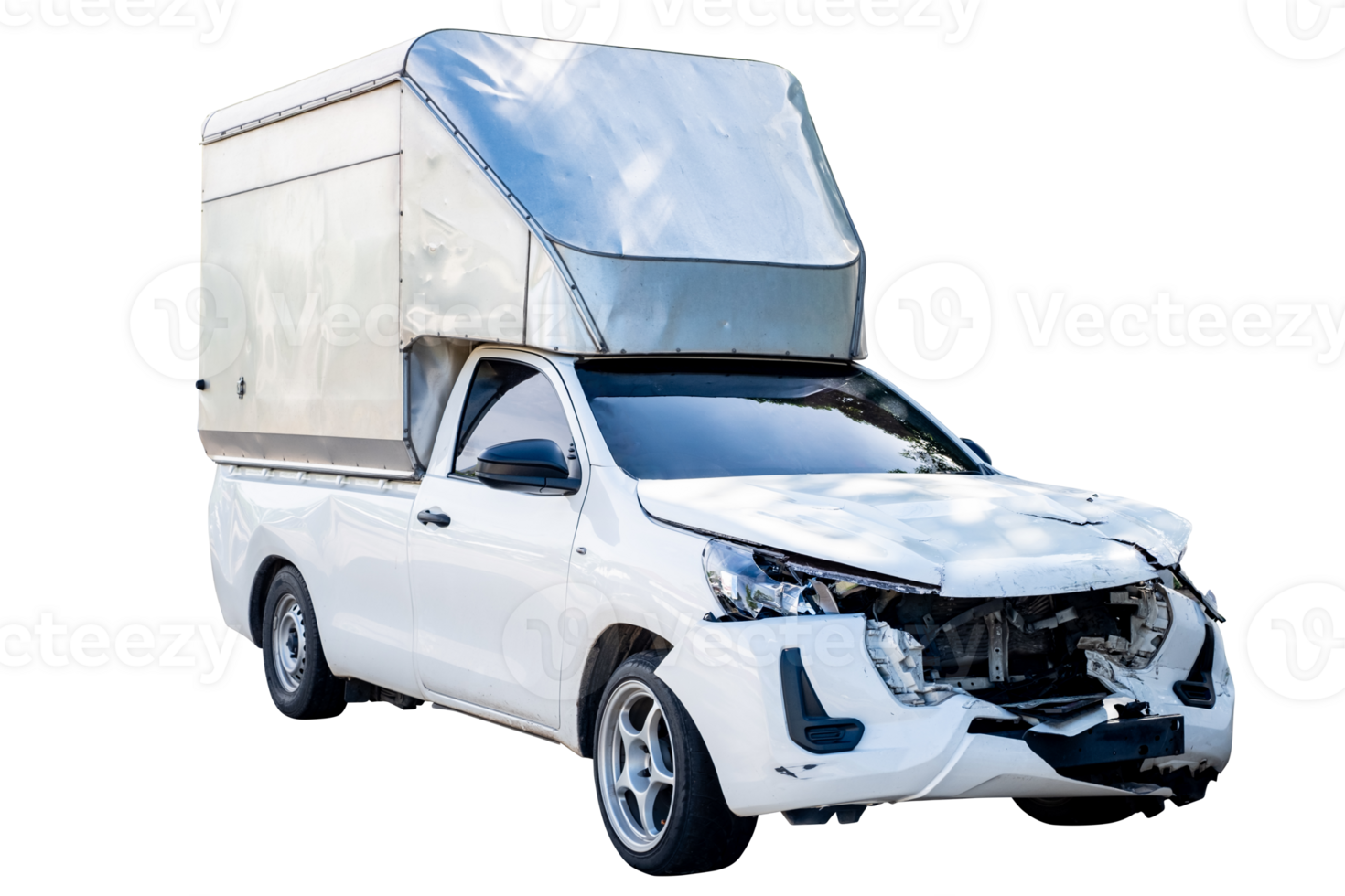 Full body side view of white delivery car get damaged by accident on the road. damaged cars after collision. Isolated on transparent background , File png