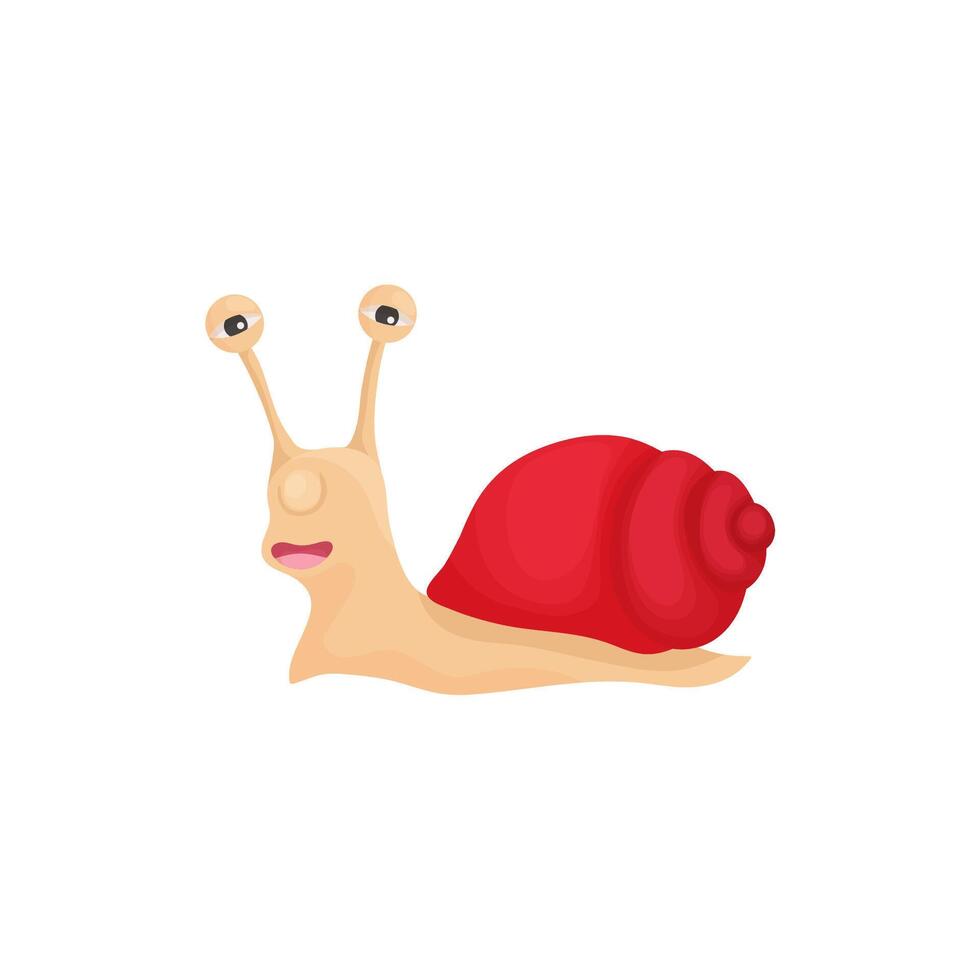 Snail with a red shell in a cartoon style. The snail is a tired, brooding and funny emotion. For children's books or memes about speed vector