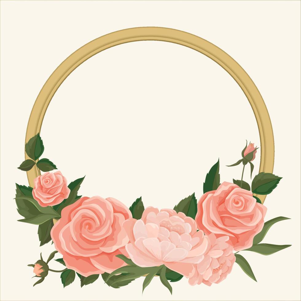 illustration of soft pink roses and peonies in Shabby chic style in a round frame resembling a wicker basket. Delicate buds for wedding cards and invitations vector