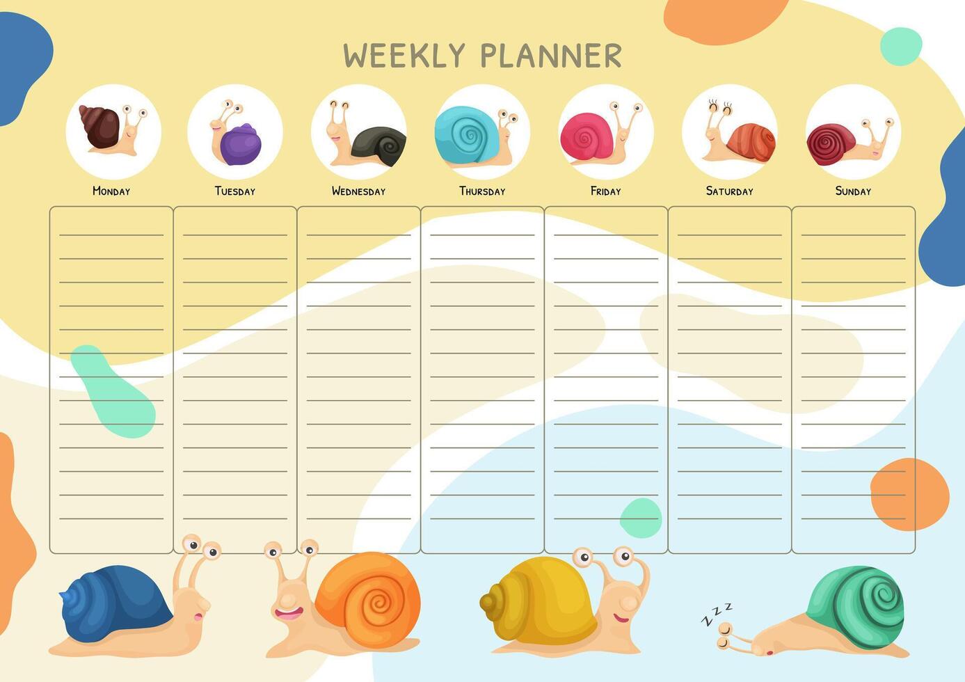illustration of a bright weekly planner with cute charming funny snails in a cartoon style. Stationery for children and adolescents, organizer and checklist vector