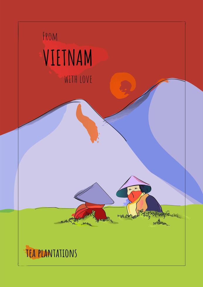 Vietnamese women in traditional hats collect tea in the tea plantations. Tea pickers on mountain plantations in Vietnam vector