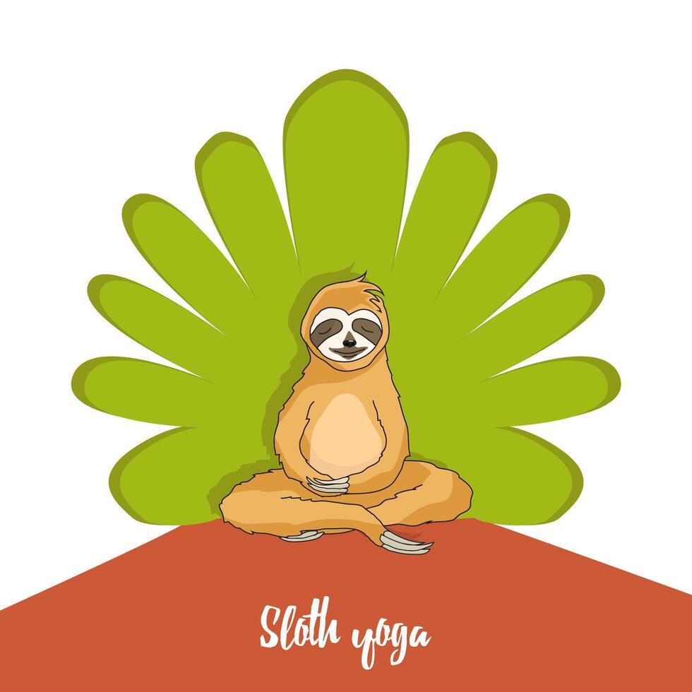 Adorable sloth sitting in yoga pose on green tree background. Tropical pattern for textile prints, a poster, cute stationery, a print for caps and t-shirts. Eps 8 Illustration vector