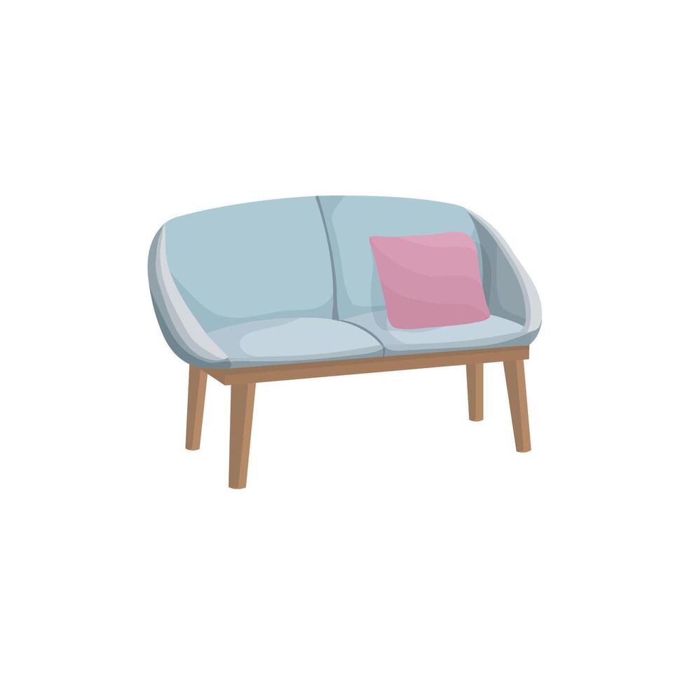 Blue sofa side view in cartoon style. Small chair and 1 pink pillow. Furniture for interior Isolated on a white background. vector