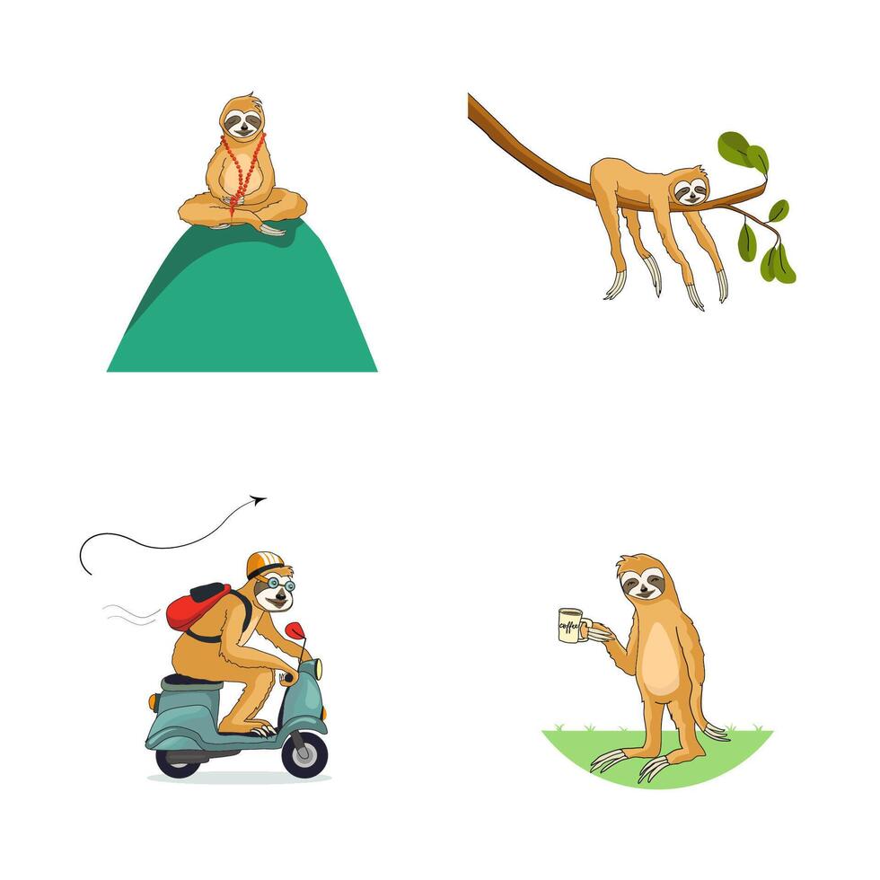Set Adorable sloths meditate, sleep, drive, drink coffee. Tropical pattern for textile prints, cute stationery, print on the cups. Eps 8 Illustration vector