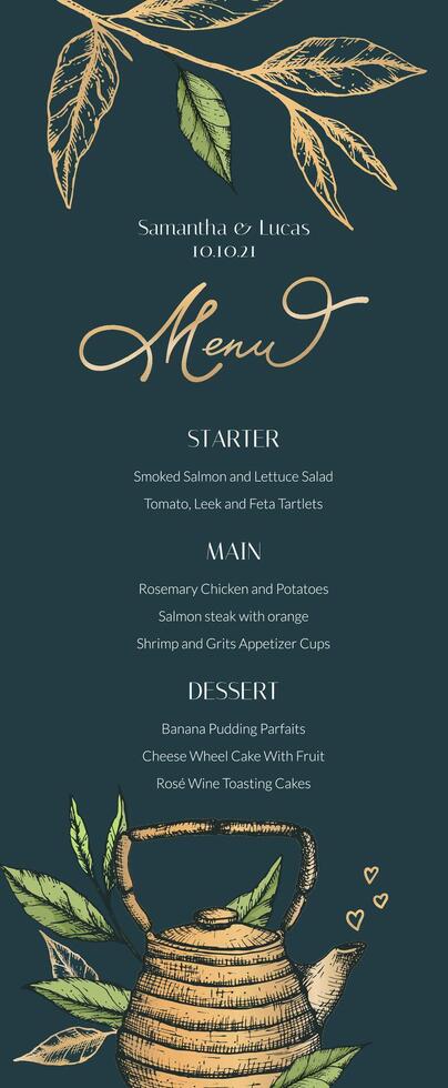 a menu for tea drinking, weddings, parties. Tea leaves, desserts and main dishes on an elegant menu with hearts vector