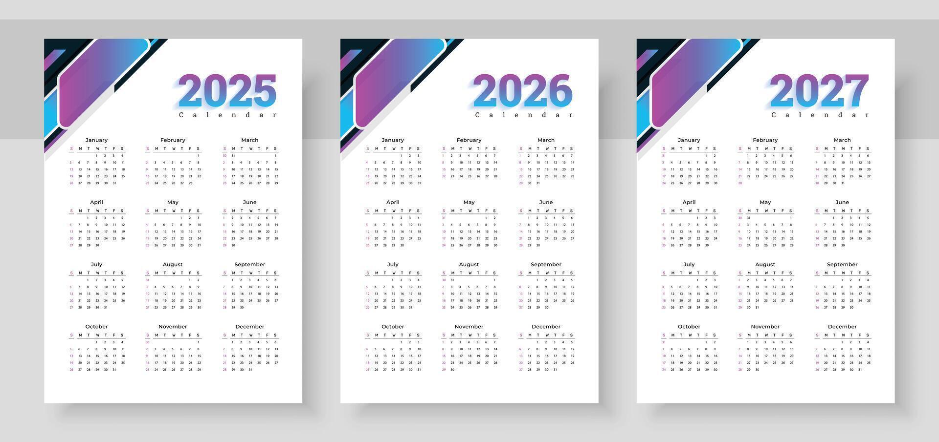 Calendar 2025, calendar 2026 and calendar 2027. Week start Sunday. Simple vertical calendar design template. Corporate design planner template. Organizer in English. Pocket or wall formats. vector