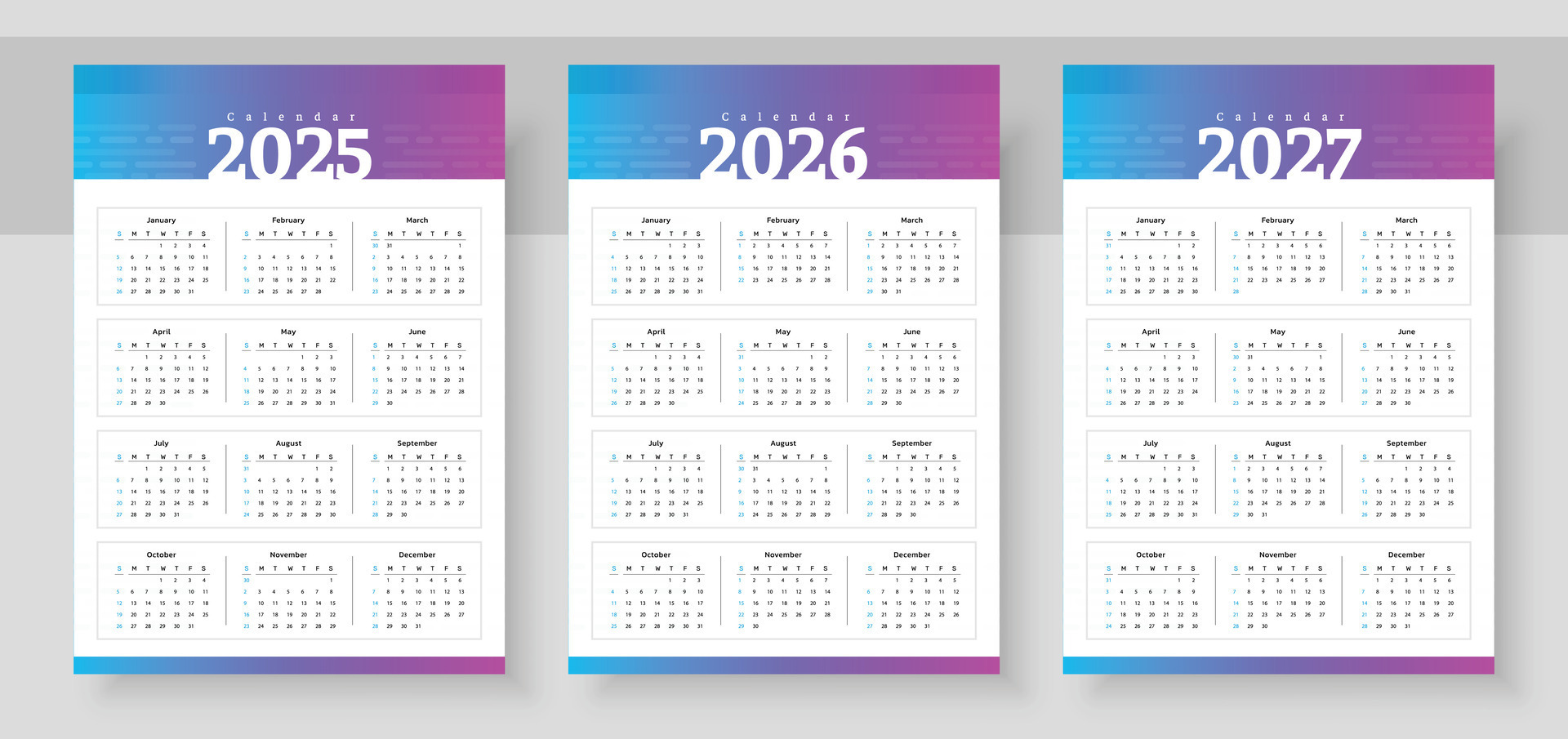 Web2025, 2026 and 2027 calendar set. The week starts on Sunday. Simple