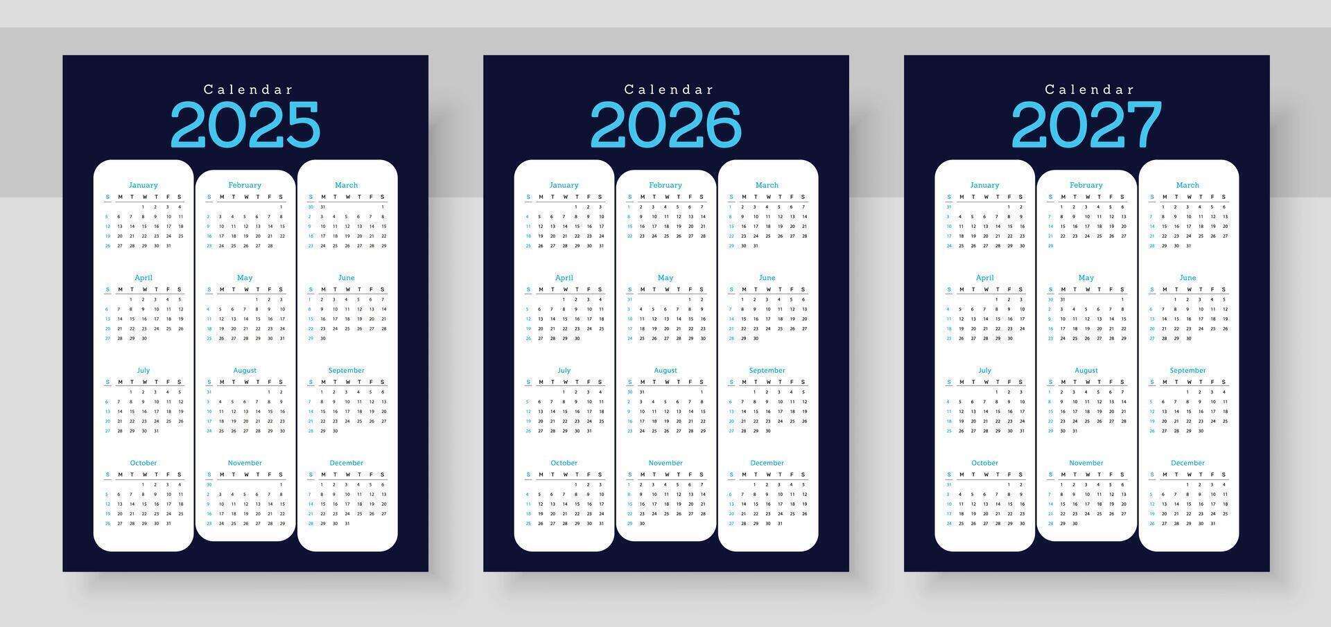 Calendar 2025, calendar 2026 and calendar 2027. Week start Sunday. Simple vertical calendar design template. Corporate design planner template. Organizer in English. Pocket or wall formats. vector