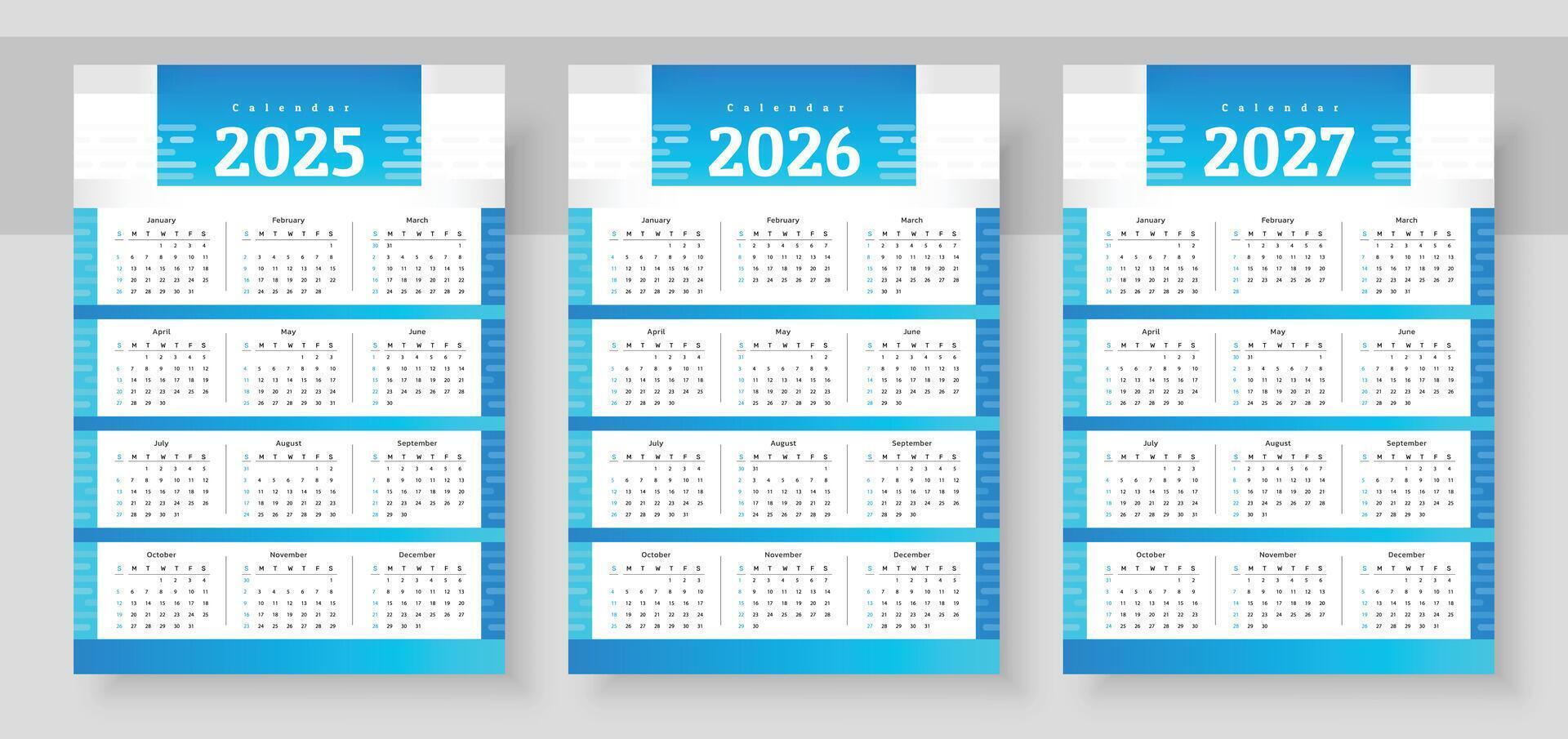 Web2025, 2026 and 2027 calendar set. The week starts on Sunday. Simple calender layout. Yearly diary. Stationery template with 12 months, Organizer in English. Pocket or wall formats. vector