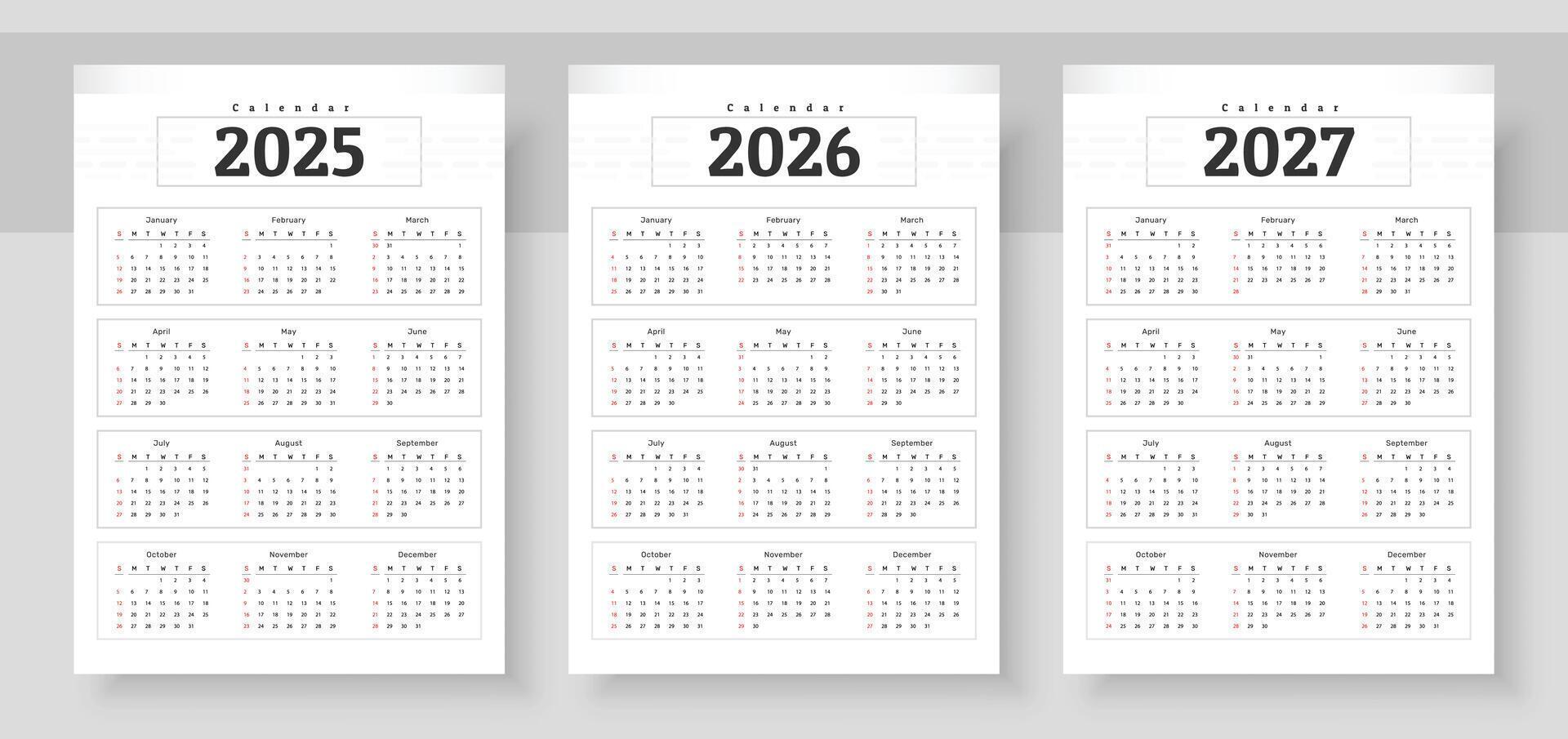Simple english calendar 2025, 2026 and 2027. The week starts on Sunday