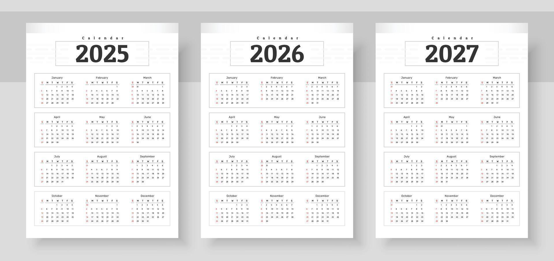 Simple english calendar 2025, 2026 and 2027. The week starts on Sunday