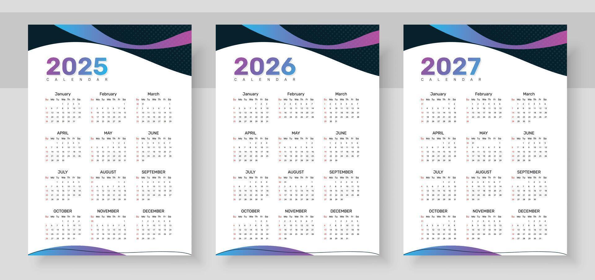 Web2025, 2026 and 2027 calendar set. The week starts on Sunday. Simple calender layout. Yearly diary. Stationery template with 12 months, Organizer in English. Pocket or wall formats. vector