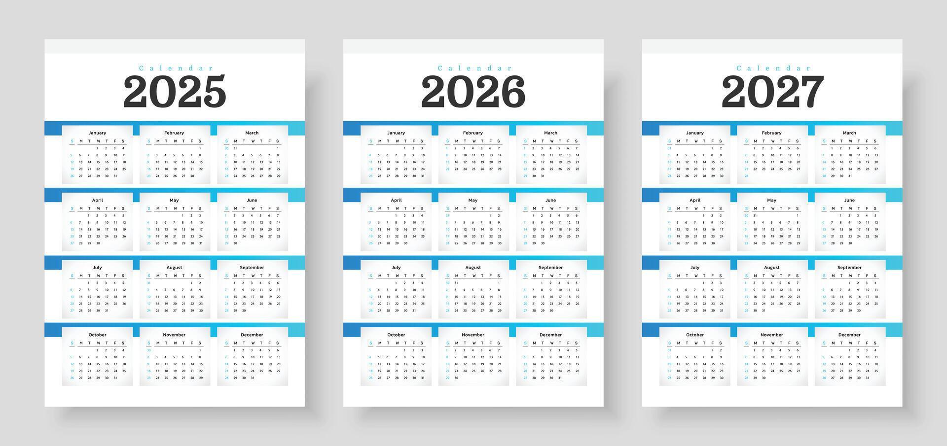 Web2025, 2026 and 2027 calendar set. The week starts on Sunday. Simple