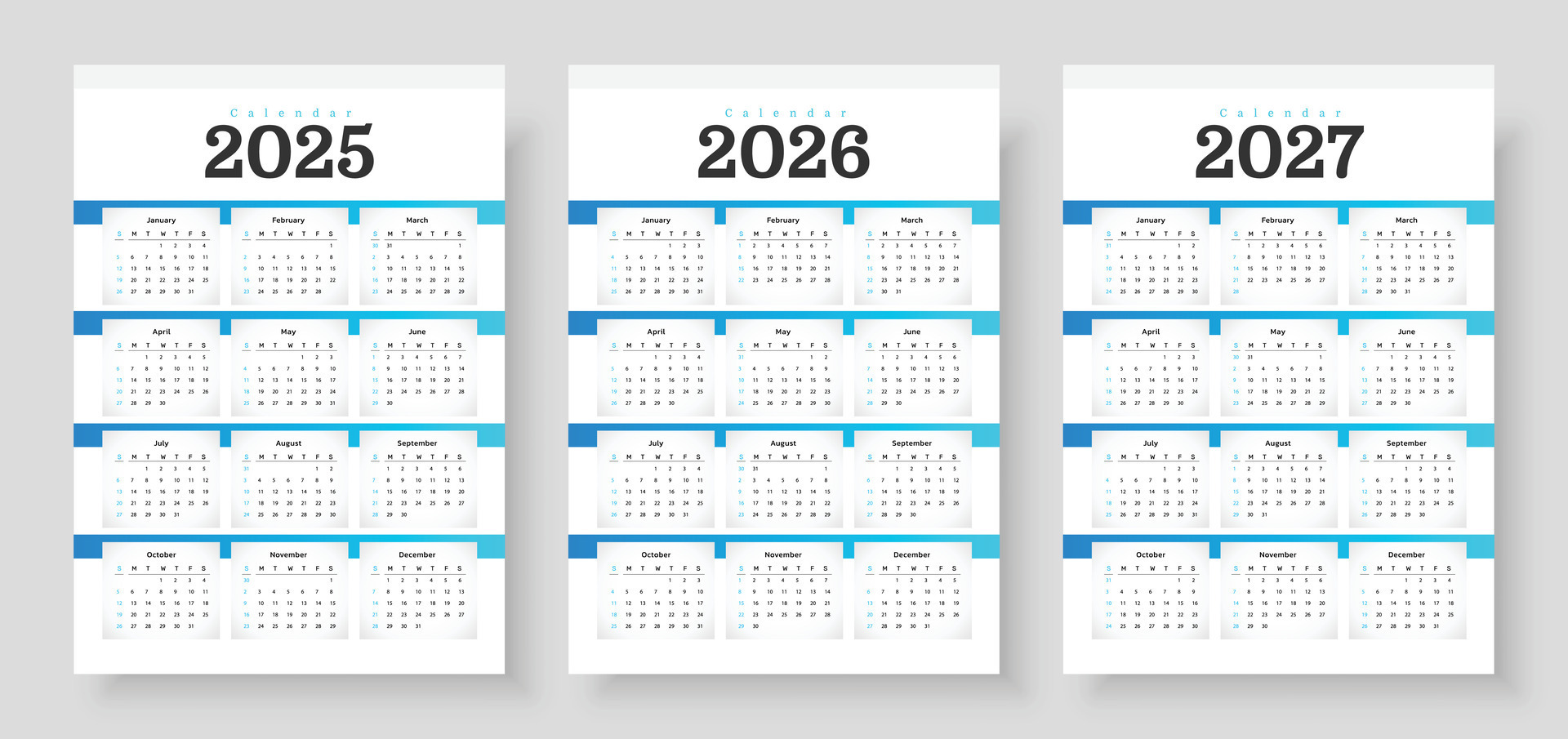 Web2025, 2026 and 2027 calendar set. The week starts on Sunday. Simple