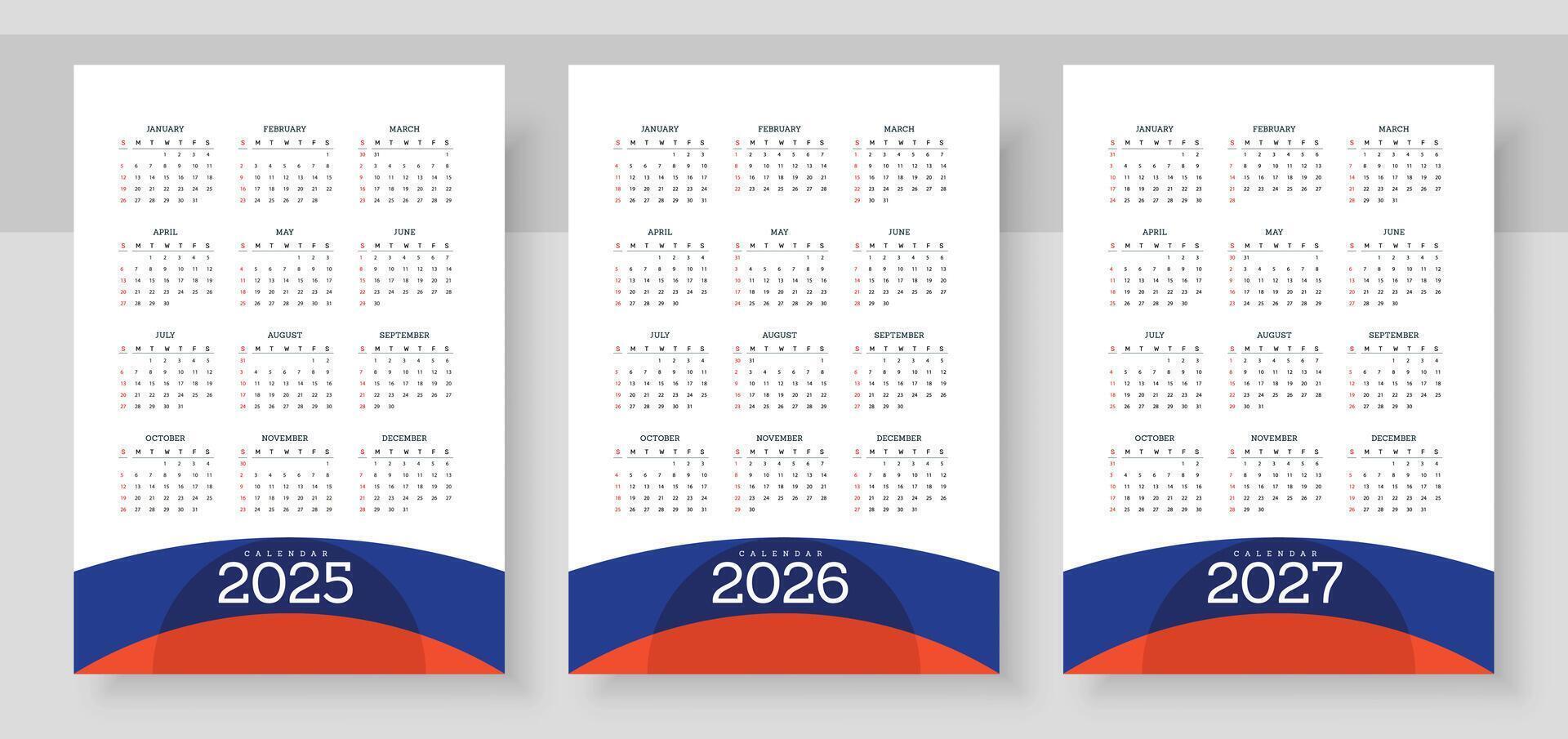 Simple english calendar 2025, 2026 and 2027. The week starts on Sunday. Simple calender layout. Yearly diary. Stationery template with 12 months, Organizer in English. Pocket or wall formats. vector