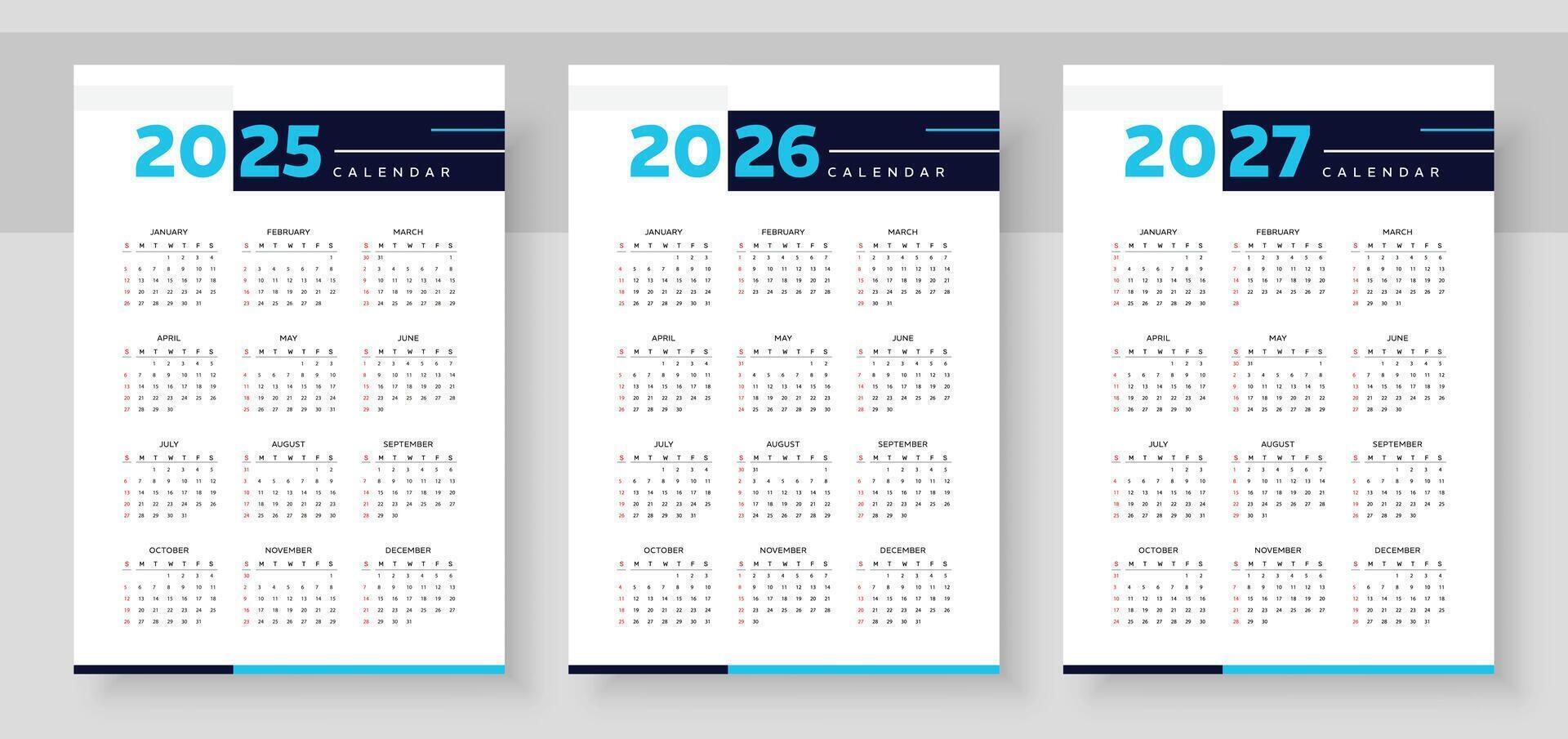 2025, 2026, 2027 years calendar. The week starts on Sunday. Simple calender layout. Yearly diary. Desk planner template with 12 months. Organizer in English. Pocket or wall formats. vector