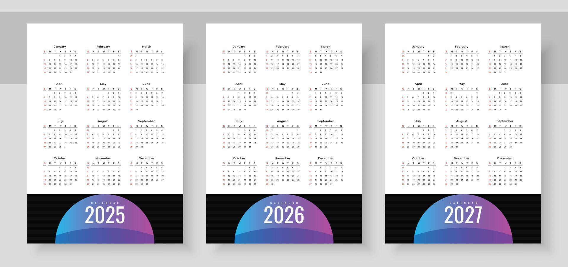Simple english calendar 2025, 2026 and 2027. The week starts on Sunday. Simple calender layout. Yearly diary. Stationery template with 12 months, Organizer in English. Pocket or wall formats. vector