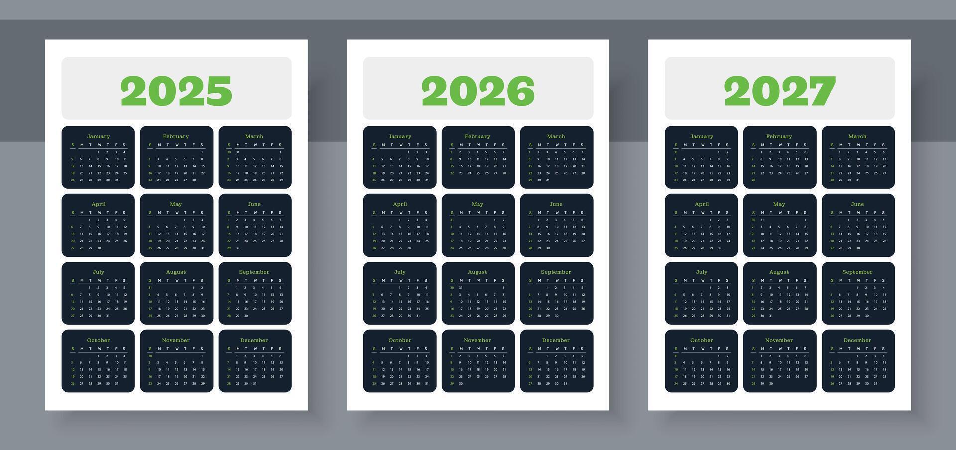 Calendar 2025, calendar 2026 and calendar 2027. The week starts on Sunday. Corporate design planner template. Pocket or wall formats. Organizer in English. vector
