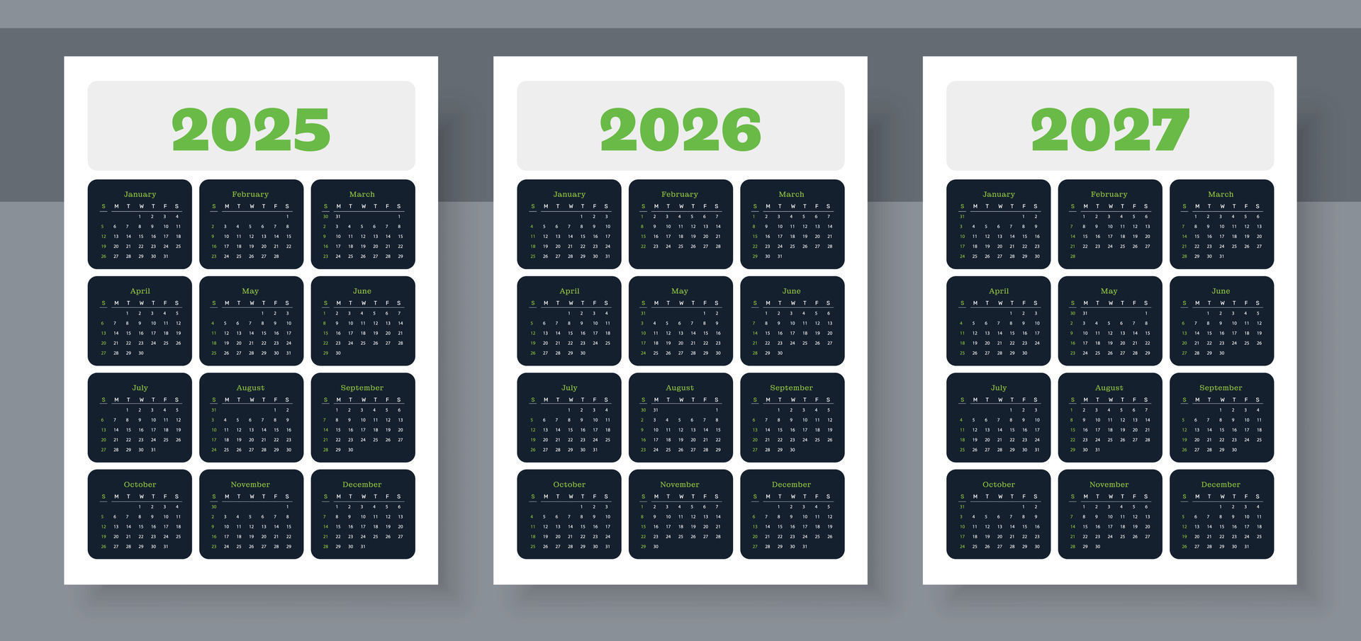 Calendar 2025, calendar 2026 and calendar 2027. The week starts on