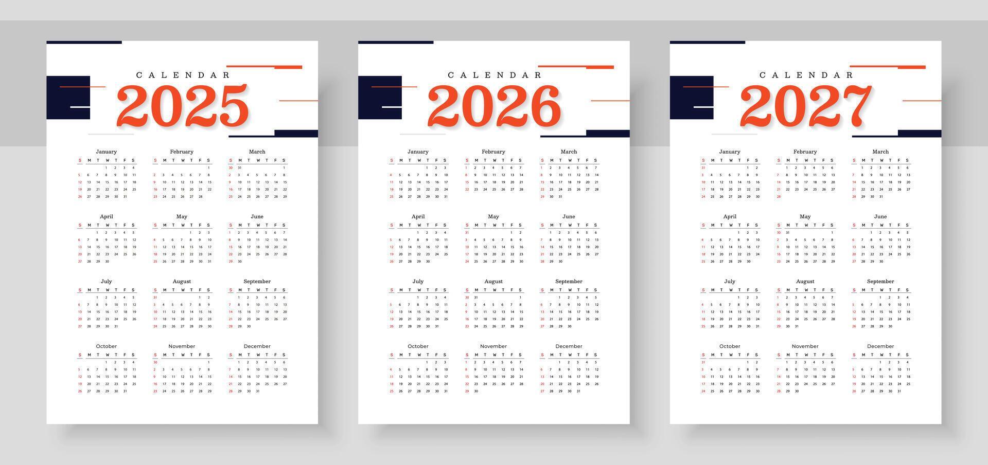 2025, 2026, 2027 years calendar. The week starts on Sunday. Simple 2025, 2026, 2027 years calendar. The week starts on Sunday. Simple