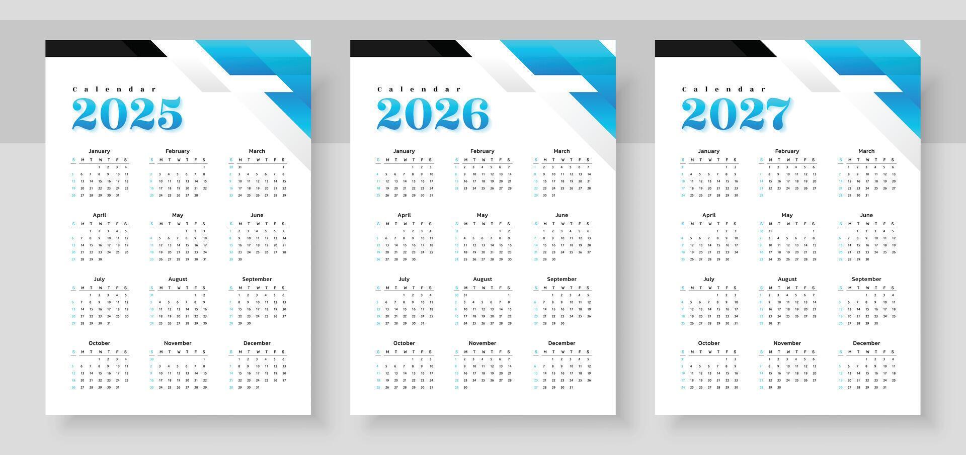 Simple english calendar 2025, 2026 and 2027. The week starts on Sunday