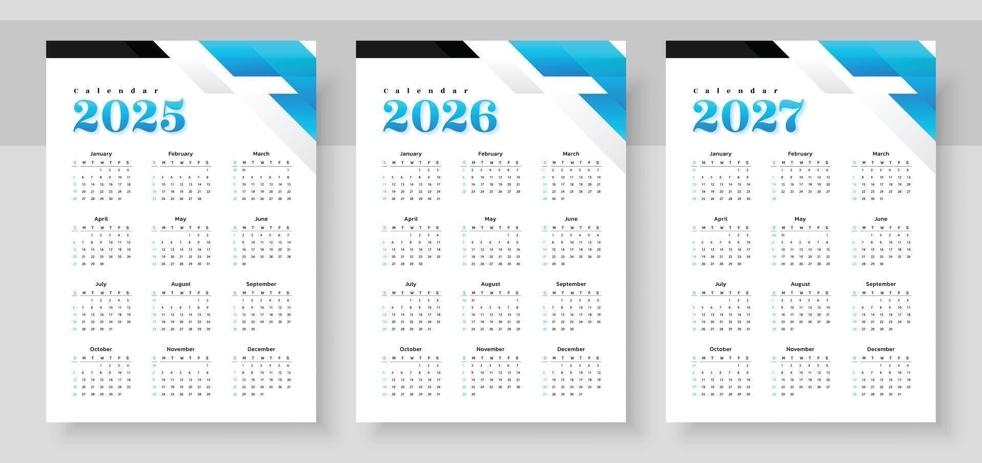 Simple english calendar 2025, 2026 and 2027. The week starts on Sunday. Simple calender layout. Yearly diary. Stationery template with 12 months, Organizer in English. Pocket or wall formats. vector