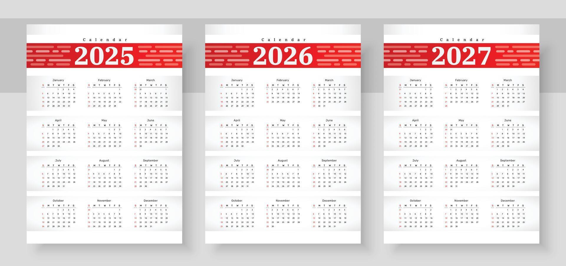 Web2025, 2026 and 2027 calendar set. The week starts on Sunday. Simple calender layout. Yearly diary. Stationery template with 12 months, Organizer in English. Pocket or wall formats. vector