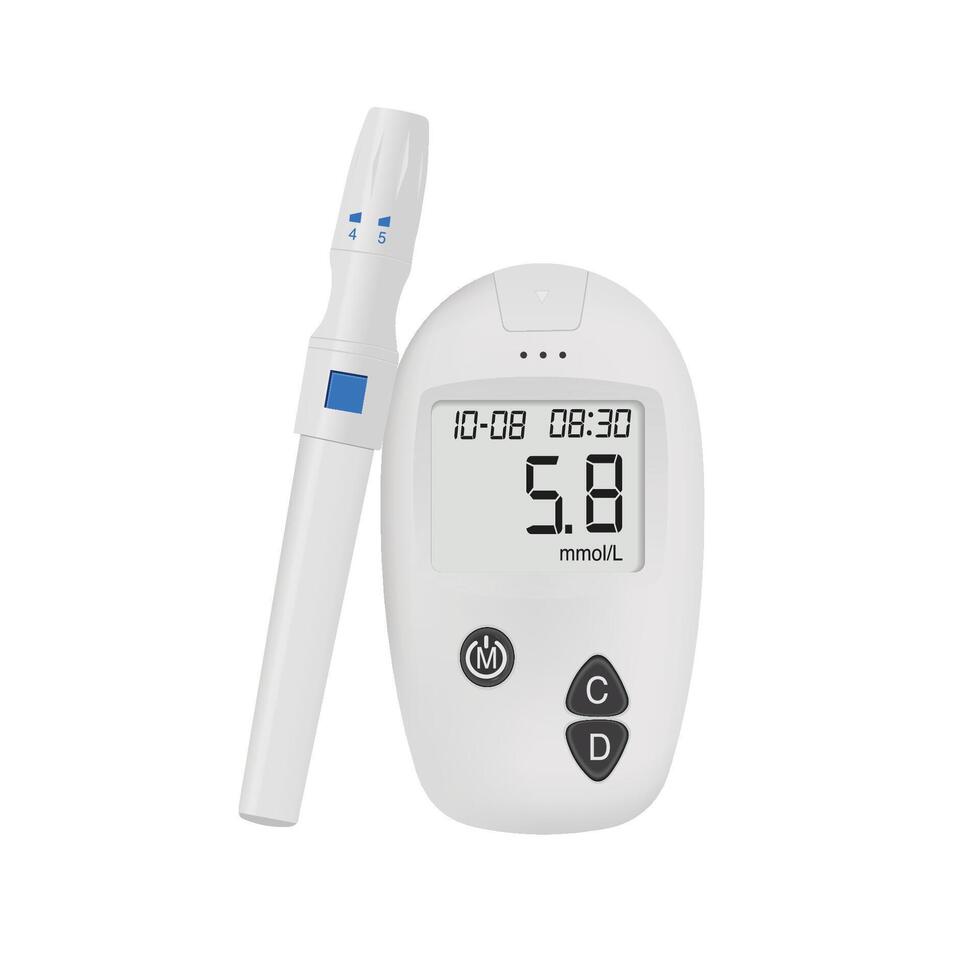 Realistic blood glucose testing device with injector vector
