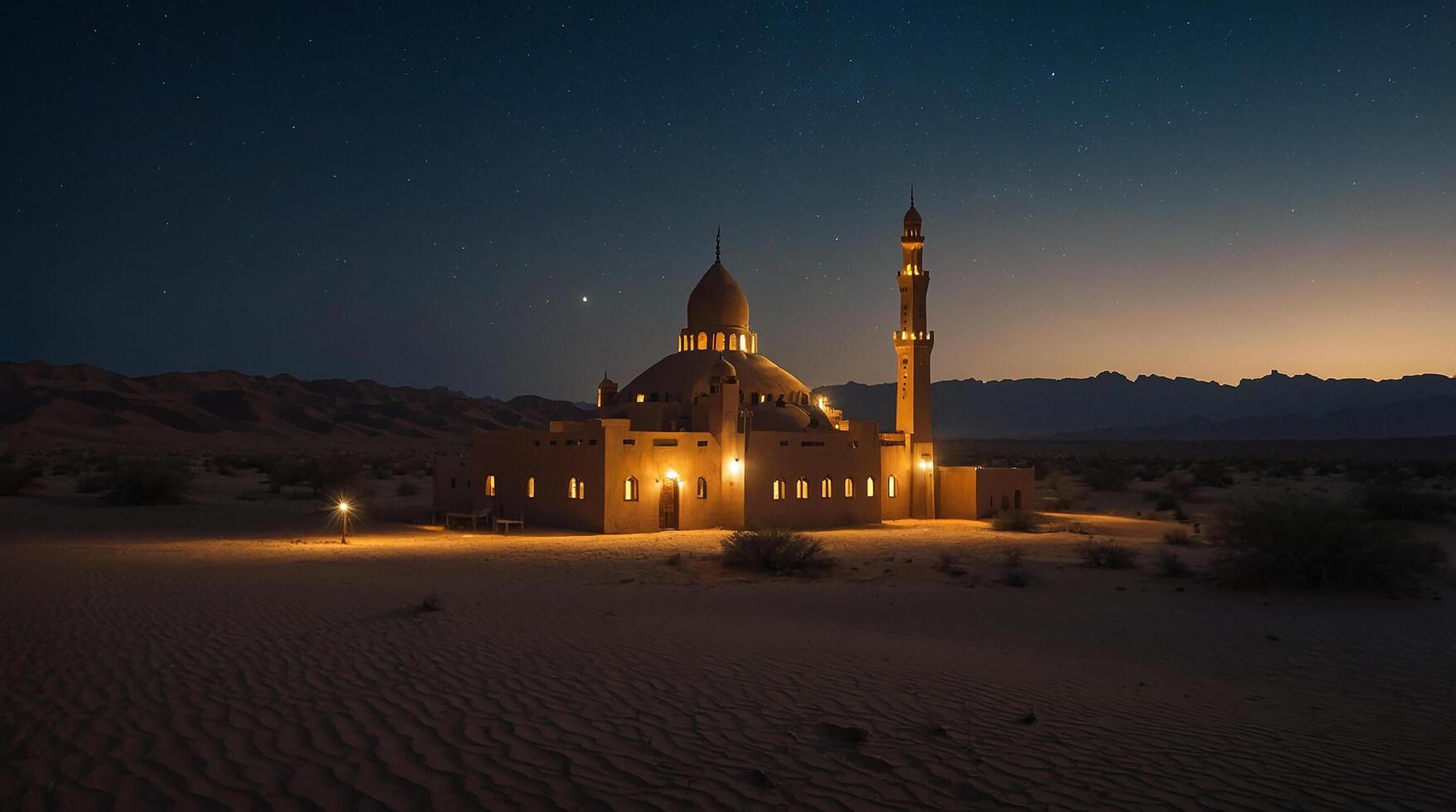 small mosque in the middle of the desert at night photo