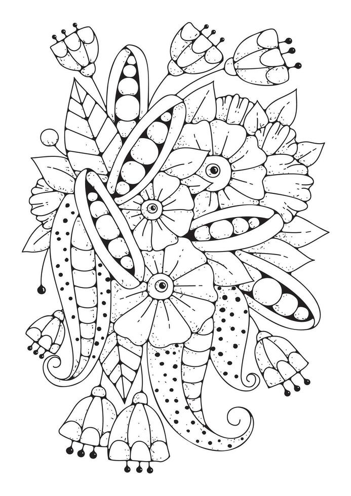 Coloring page, art therapy for children and adults. Large fairy doodle flower for coloring. Art line. Black-white background. vector