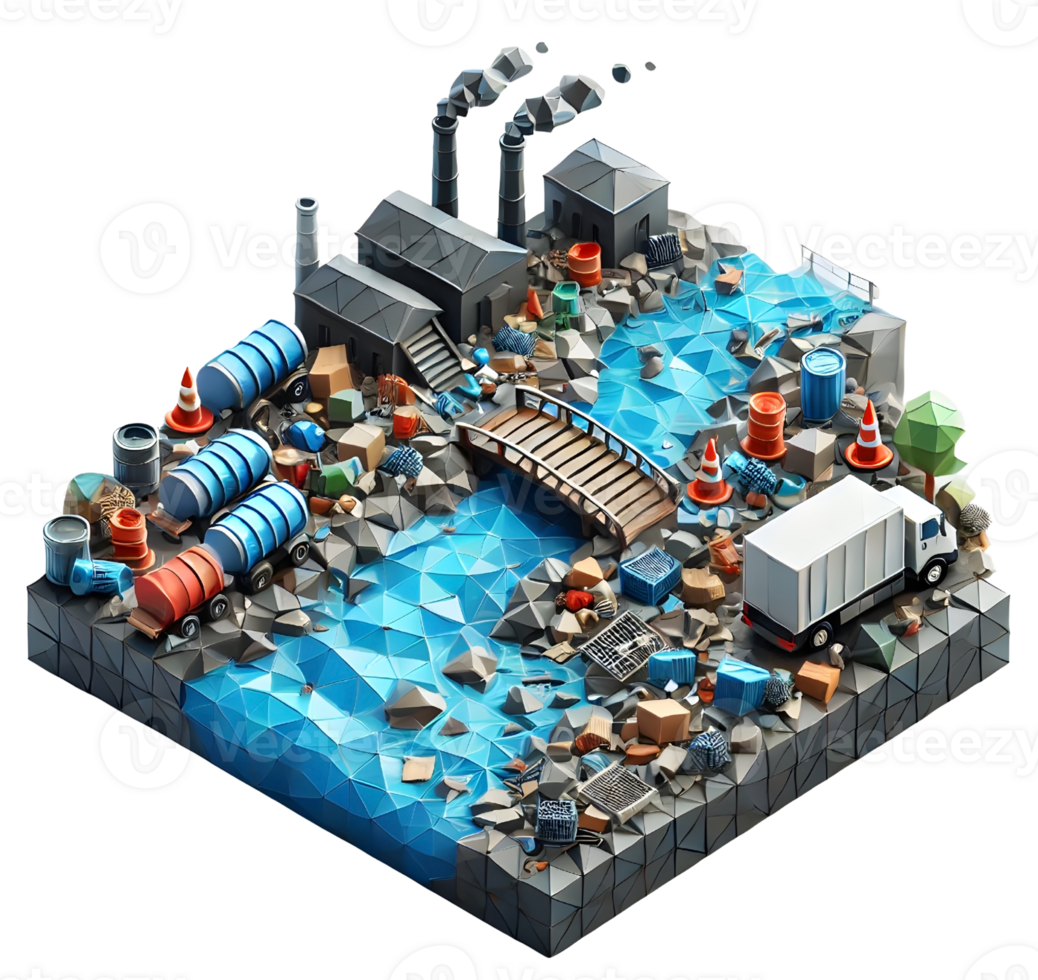 3D illustration of polluted stream with litter and debris png
