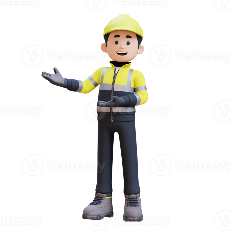 3D Construction Worker Character Presenting to the Right Pose png