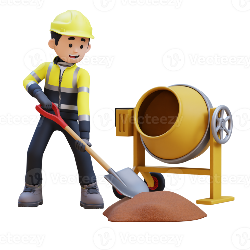 3D Construction Worker Character Work with Shovel and a Concrete Mixer Making Cement png