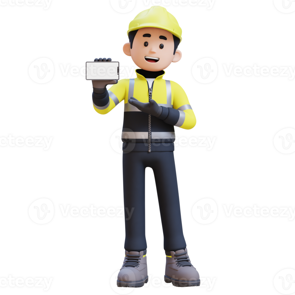 3D Construction Worker Character Presenting on Empty Phone Screen png