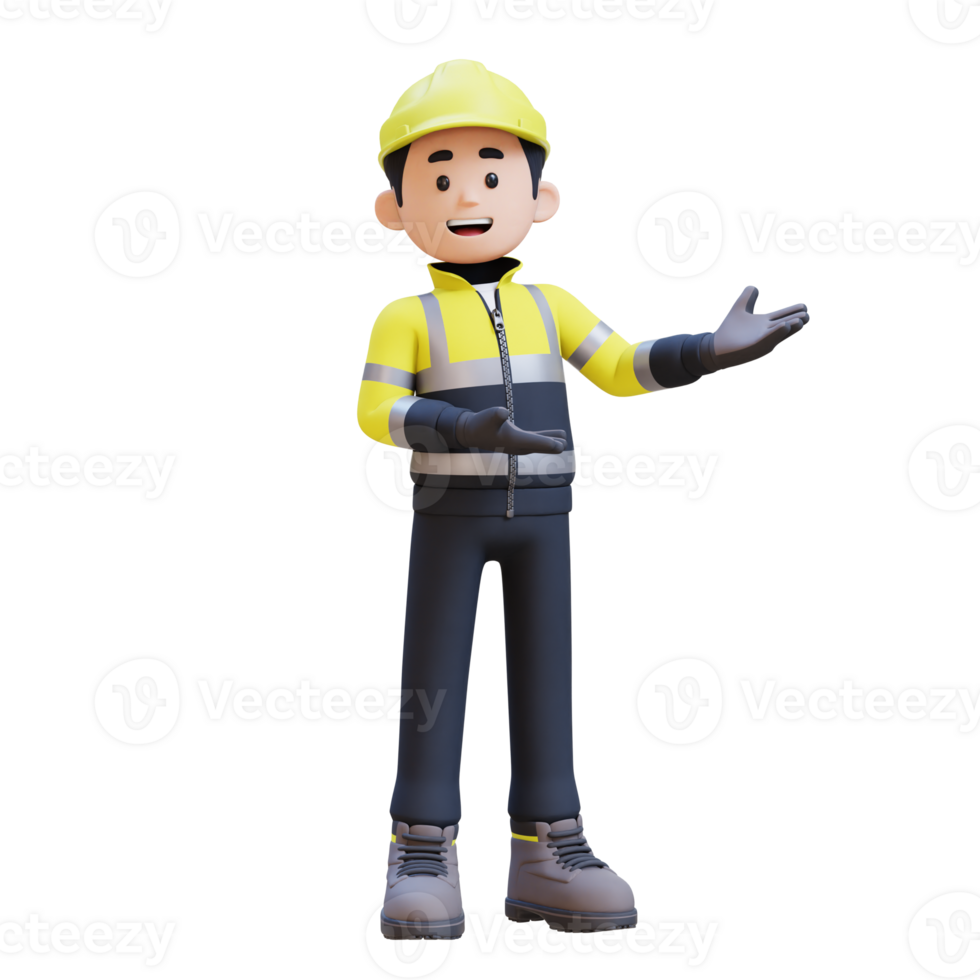 3D Construction Worker Character Presenting to the Left Pose png