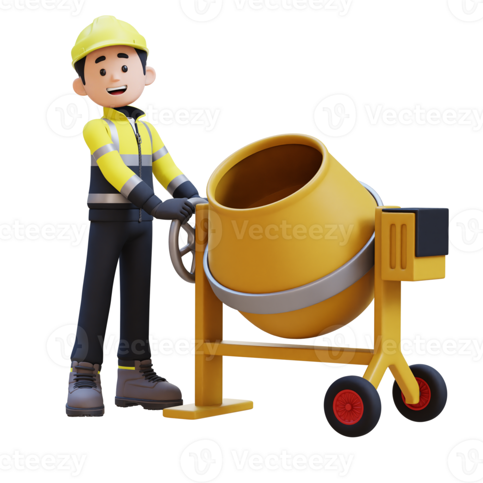 3D Construction Worker Character Working on Concrete Mixer png