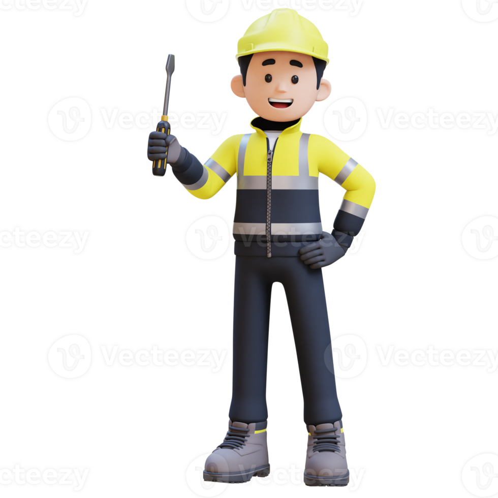 3D Construction Worker Character Holding Screwdriver in Confident Pose png