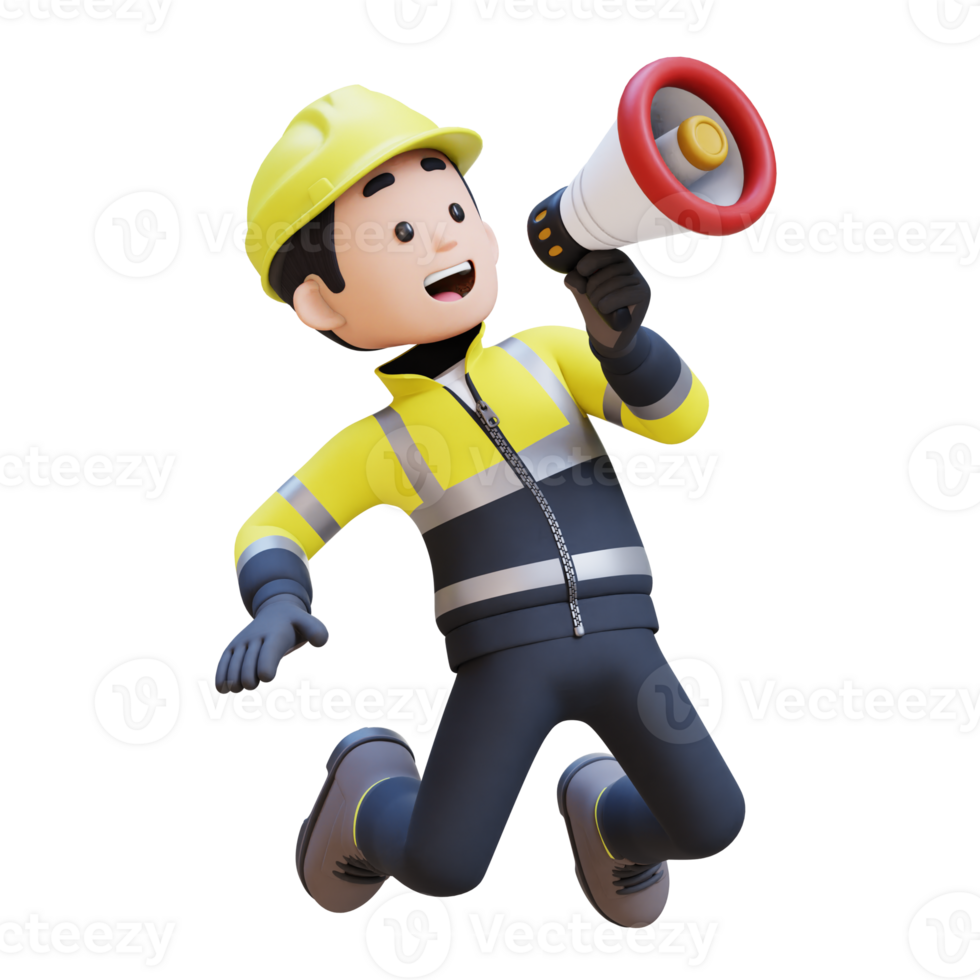 3D Construction Worker Character Holding Megaphone png
