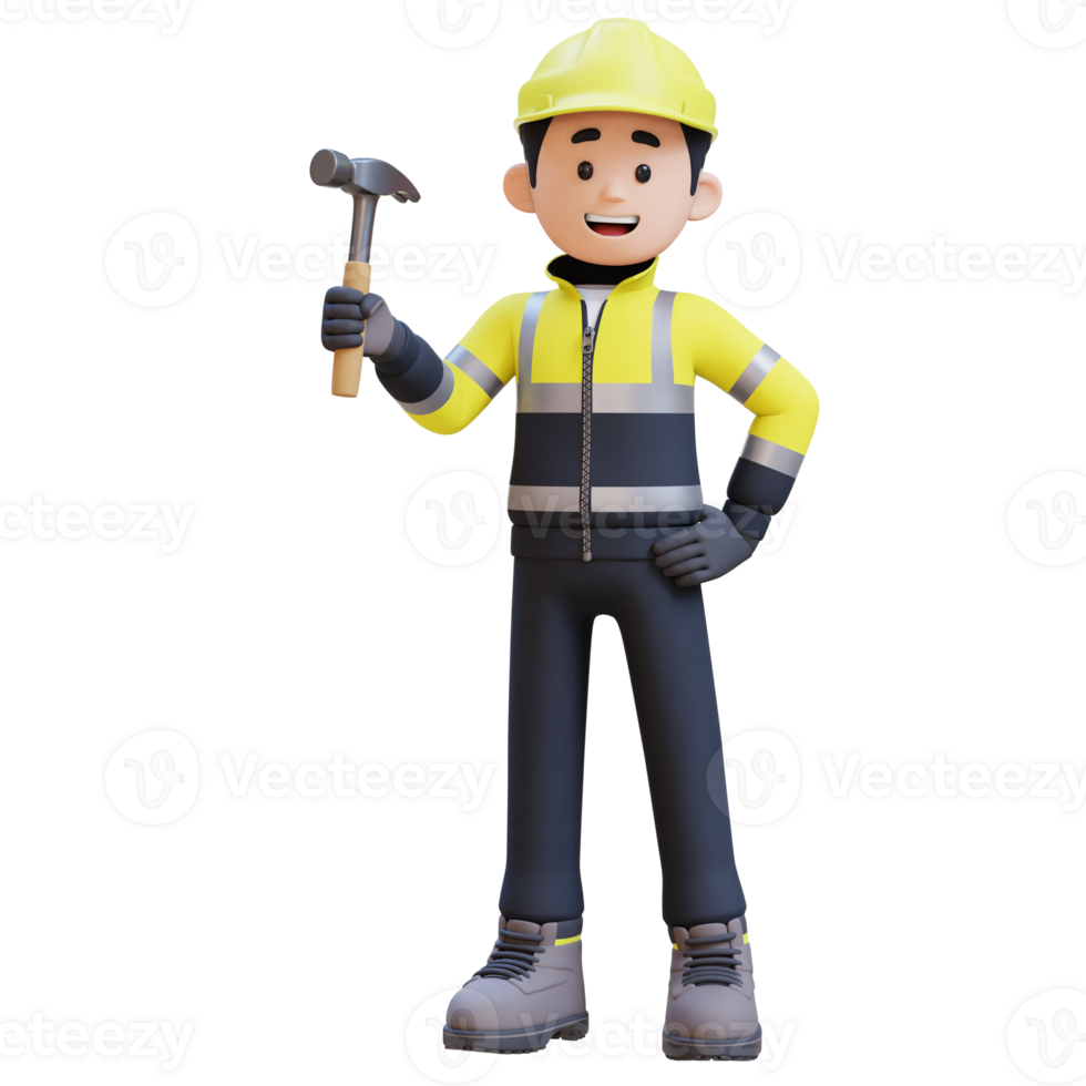 3D Construction Worker Character Holding Hammer in Confident Pose png