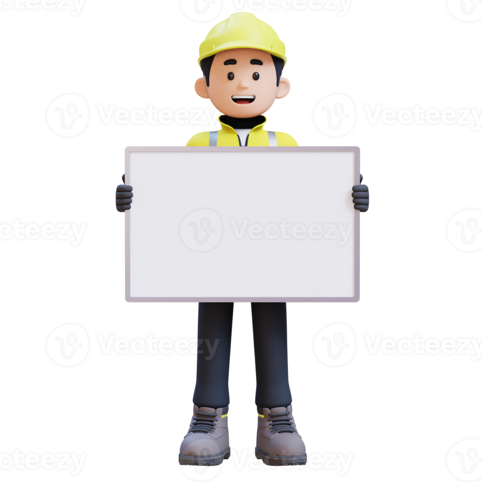 3D Construction Worker Character Holding Empty Placard png
