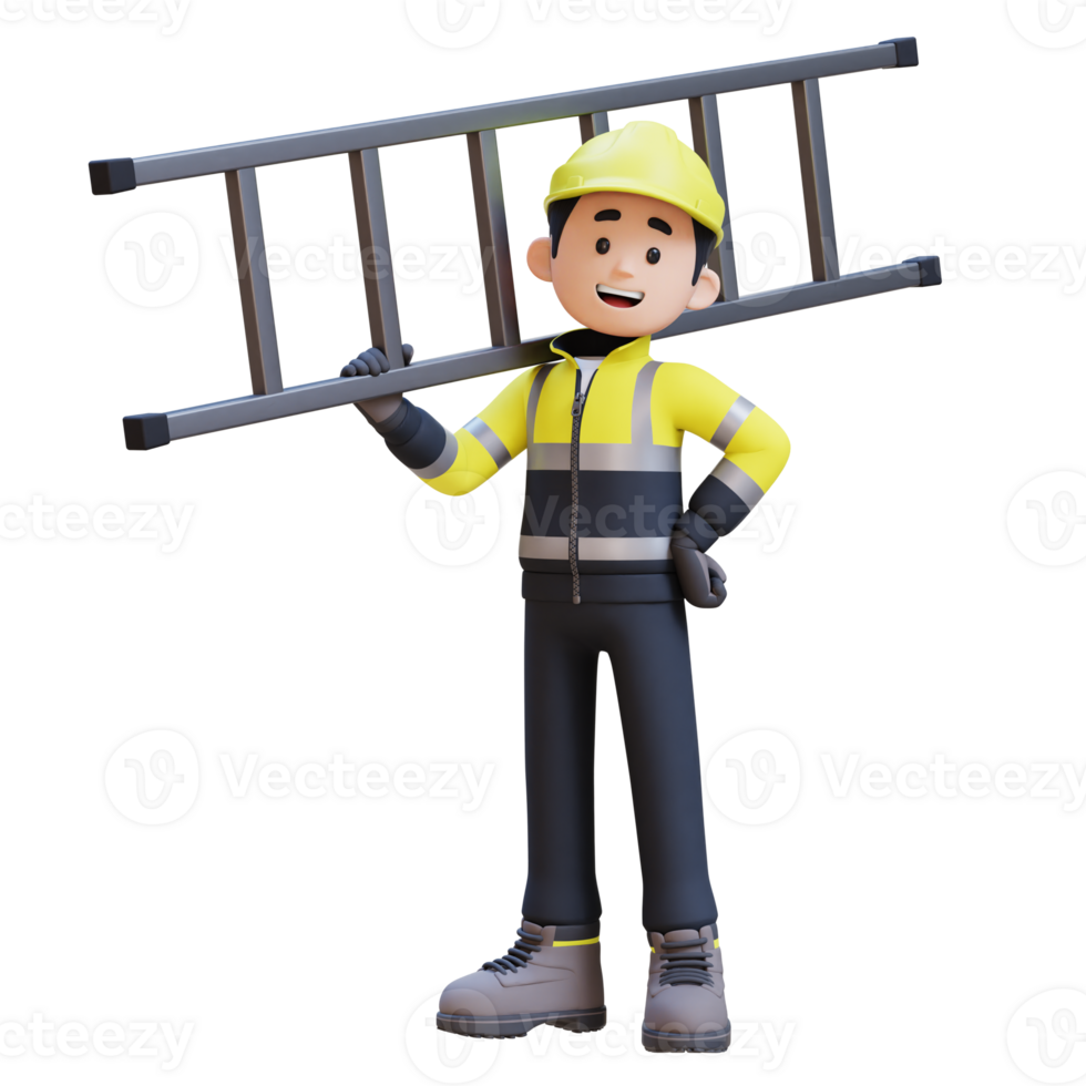 3D Construction Worker Character Carrying Ladder on Shoulder png