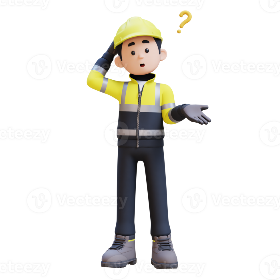 3D Construction Worker Character Confused and Thinking Pose png