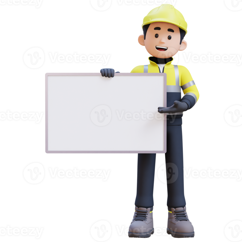 3D Construction Worker Character Holding Empty Placard png