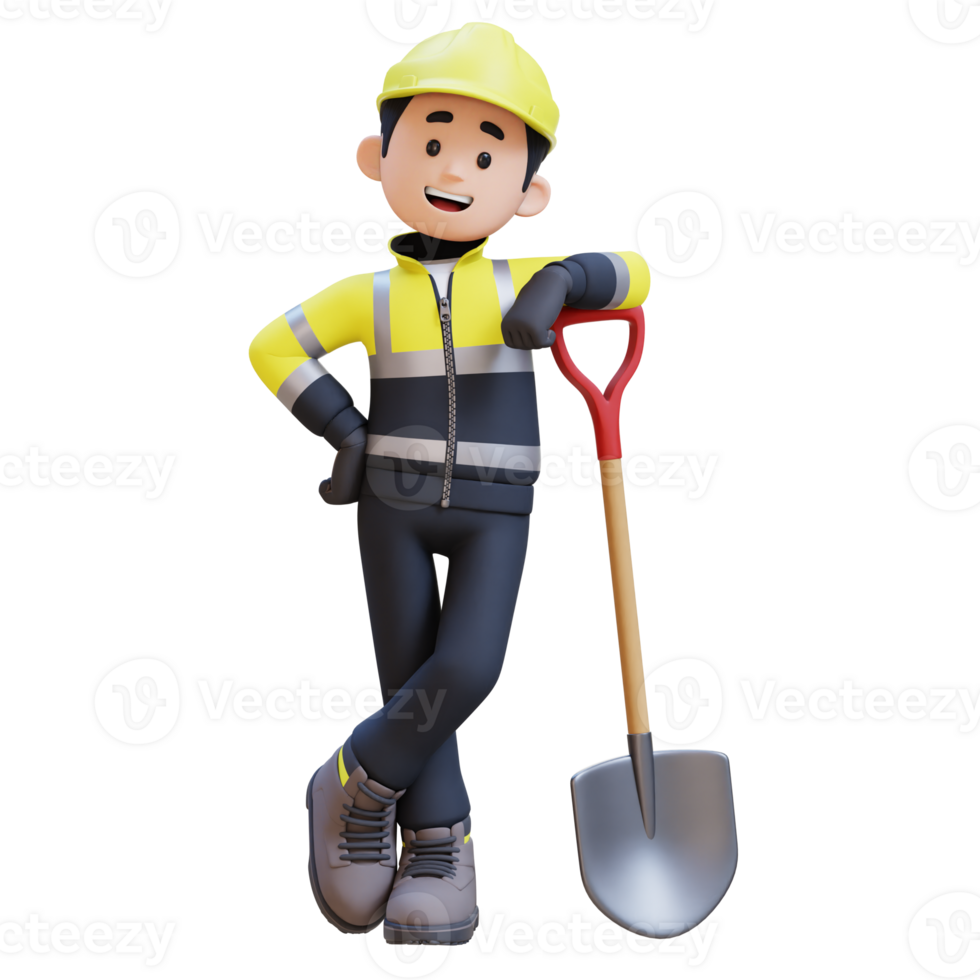 3D Construction Worker Character Lying on a Shovel png